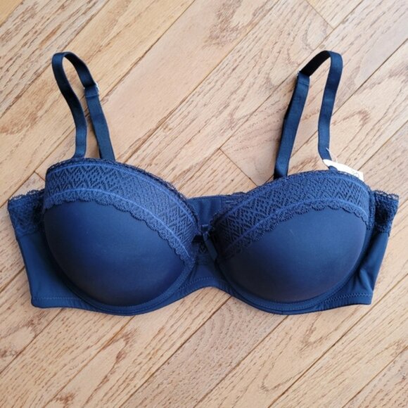 NWT La Vie En Rose Push-Up Strapless Demi Bra Navy Blue Size 38D - Picture 1 of 14